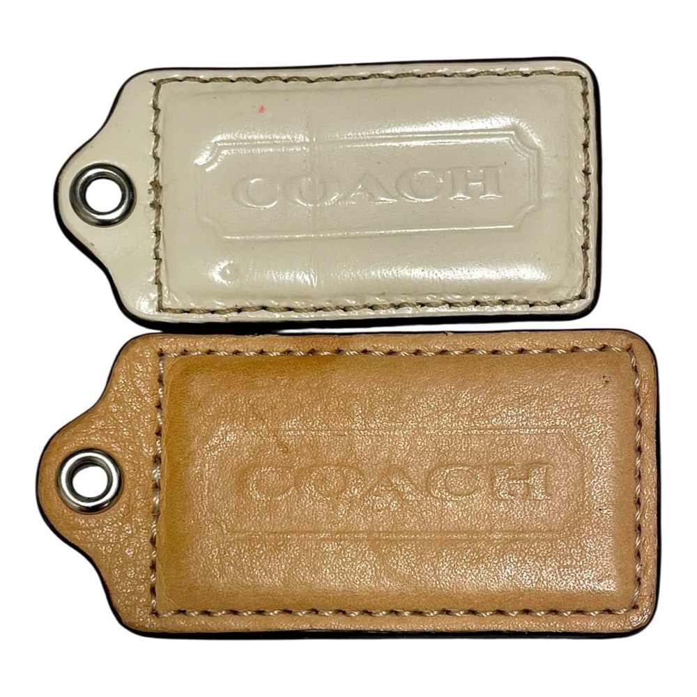 Coach Cream and Tan Leather Keychain Duo tag bag charms 2pc set